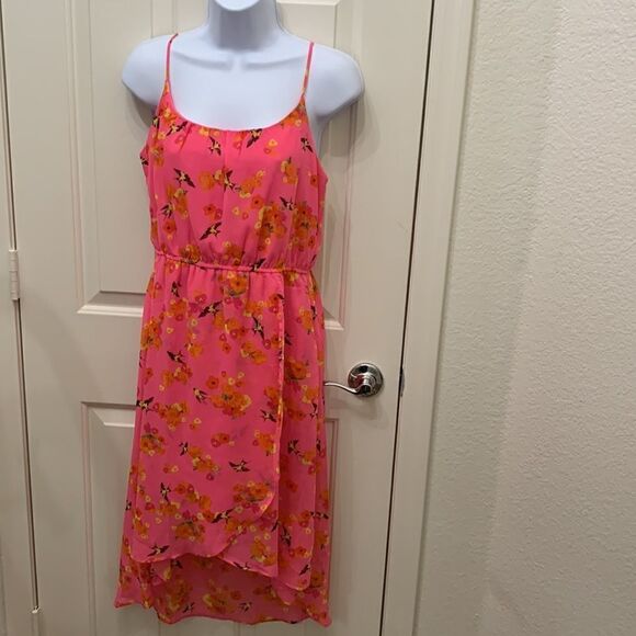 Free Bird Medium Pink Scoop Neck Spaghetti Straps Hi Lo Hem Birds Flowers Dress - Picture 2 of 8
